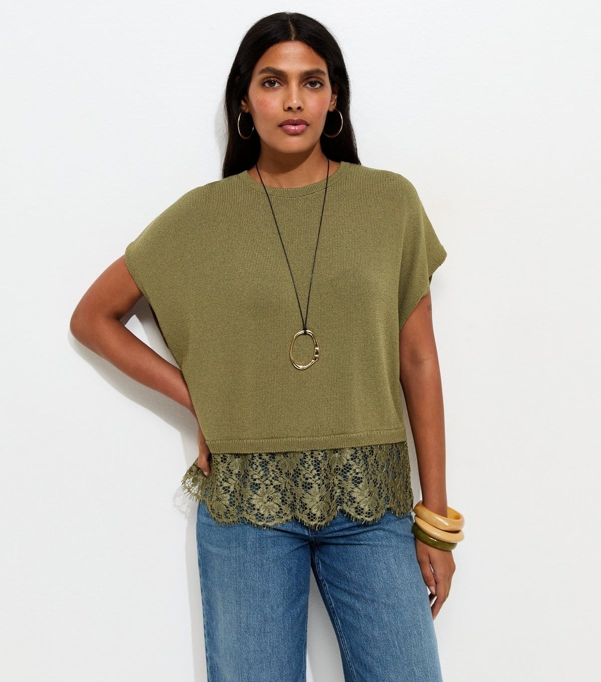 New Look Olive Knit Lace Hem Batwing Top