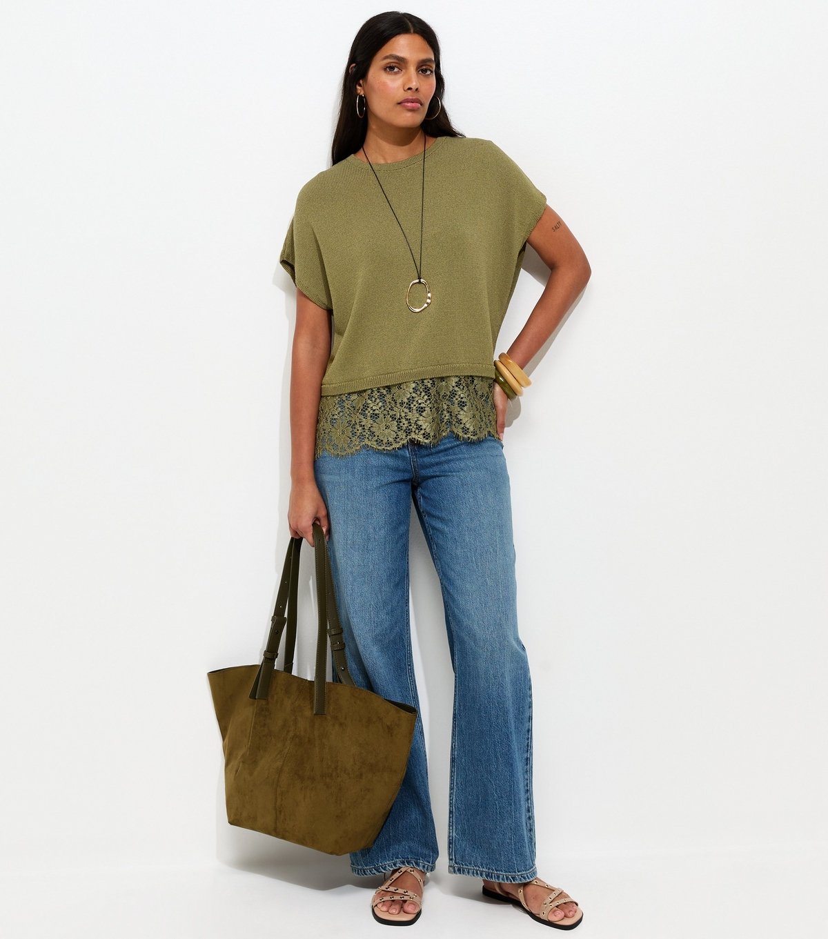 New Look Women's Light Khaki Knit Lace Hem Batwing Top New Look - 2