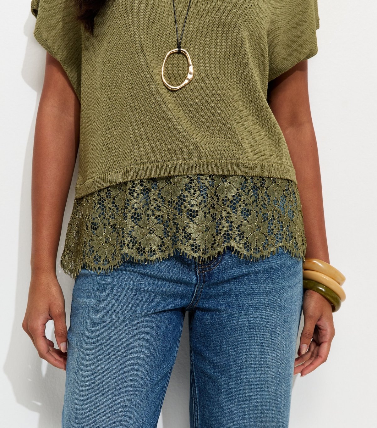 New Look Women's Light Khaki Knit Lace Hem Batwing Top New Look - 3