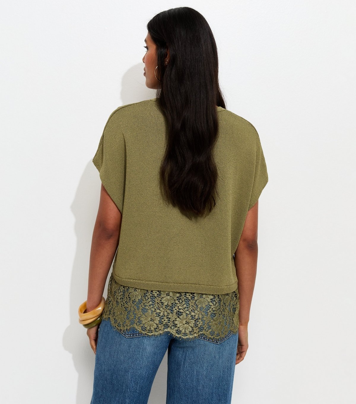 New Look Women's Light Khaki Knit Lace Hem Batwing Top New Look - 4