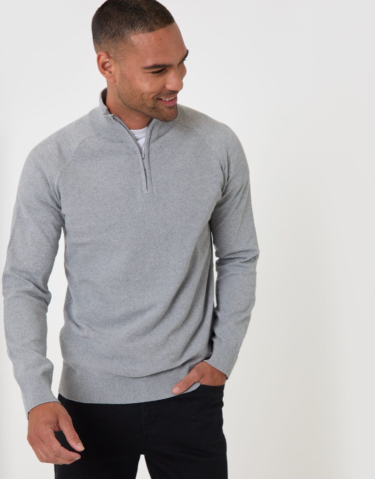 Threadbare threadbare Men's Cotton Rich Textured Quarter Zip Jumper in Grey - 1