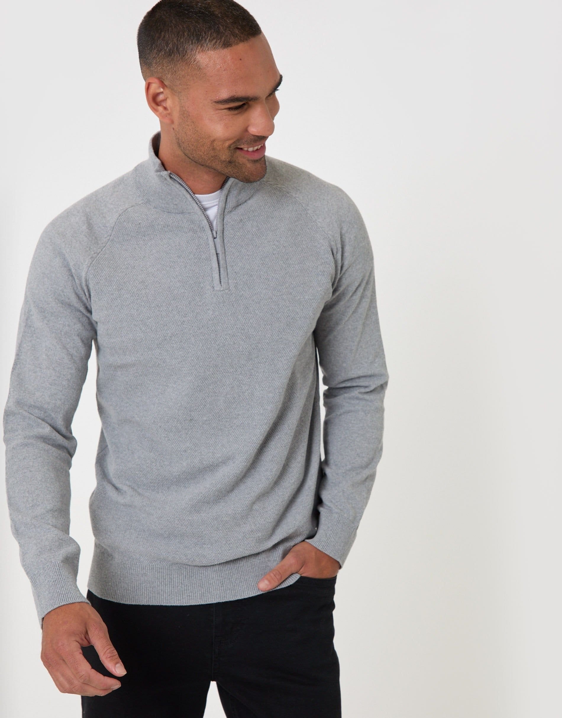 threadbare Men's Cotton Rich Textured Quarter Zip Jumper in Grey