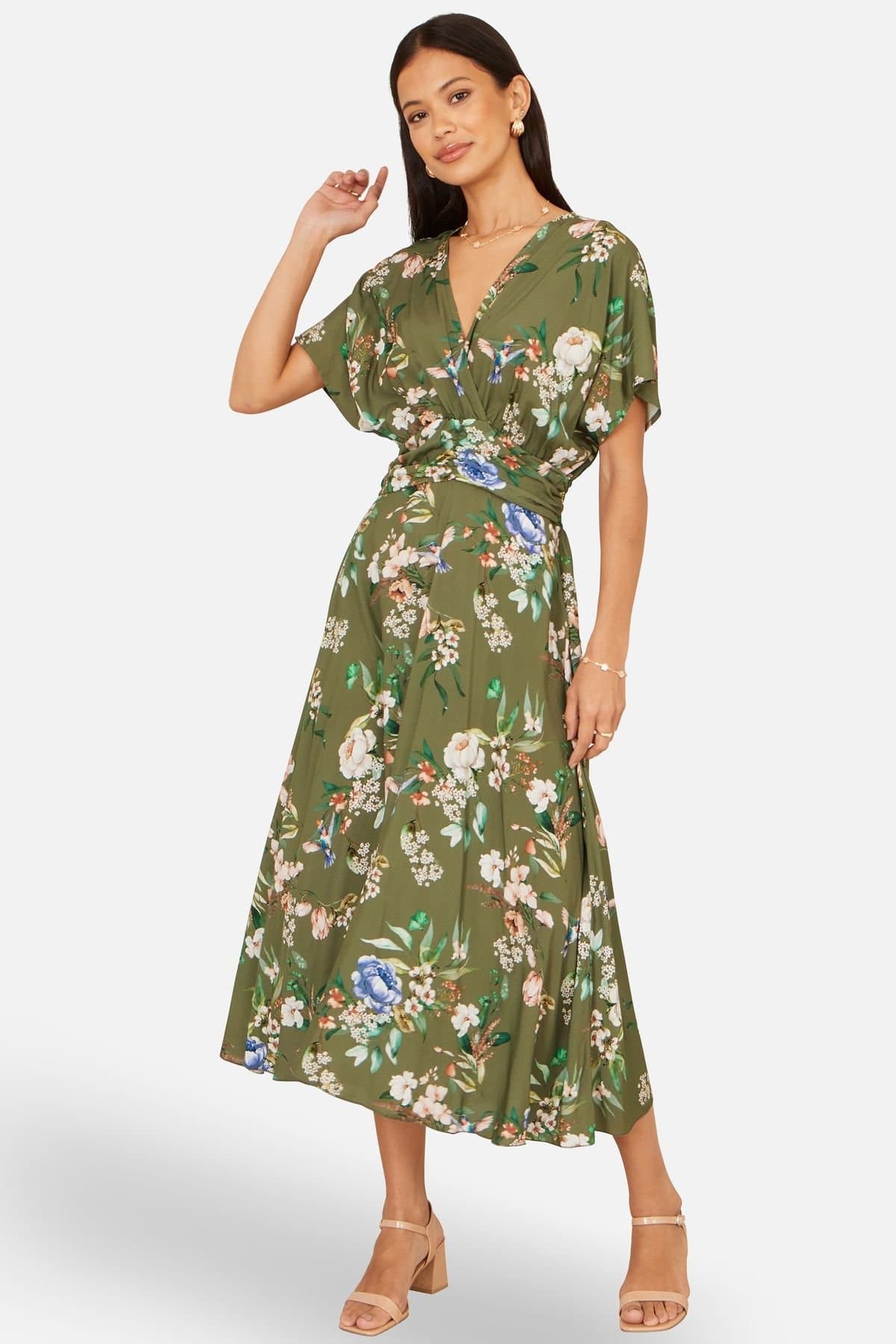 Yumi Yumi Women's Viscose Floral Print Midi Dress With Ruched Waist in Olive