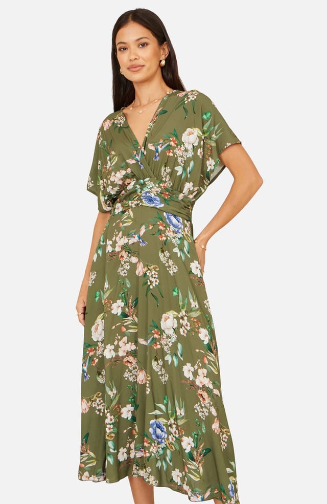 Yumi Yumi Women's Viscose Floral Print Midi Dress With Ruched Waist in Olive - 2