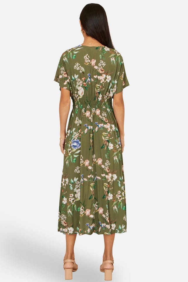Yumi Yumi Women's Viscose Floral Print Midi Dress With Ruched Waist in Olive - 3