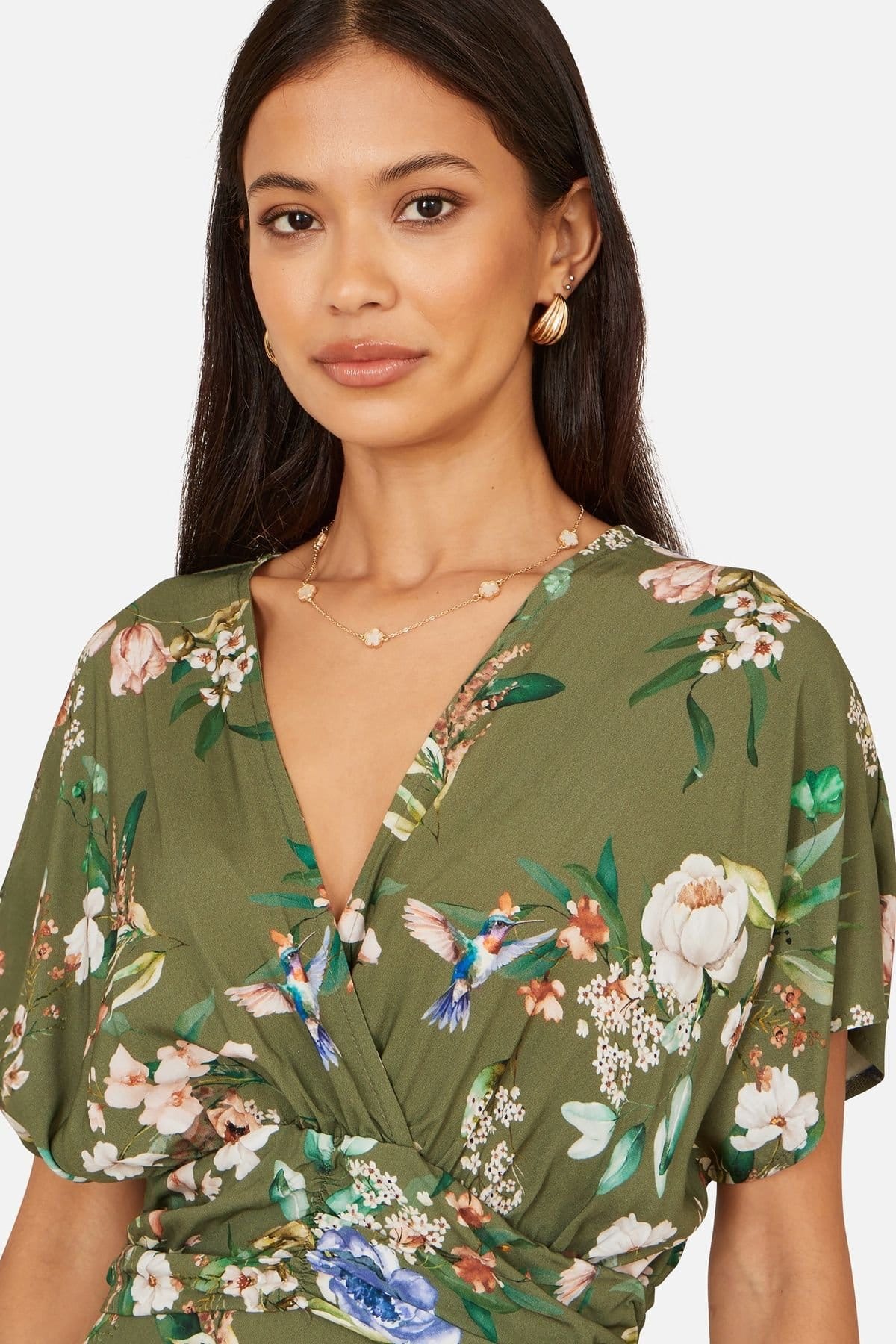 Yumi Yumi Women's Viscose Floral Print Midi Dress With Ruched Waist in Olive - 4