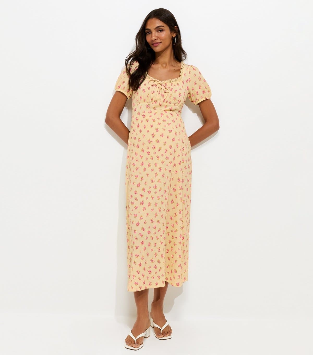 New Look Women's Maternity Light Yellow Ditsy Milkmaid Midi Lace Trim Midi Dress New Look