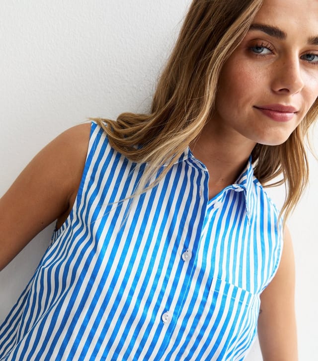 New Look Women's Blue Poplin Striped Crop Sleeveless Shirt New Look - 2