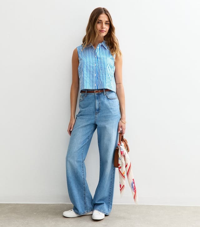New Look Women's Blue Poplin Striped Crop Sleeveless Shirt New Look - 3