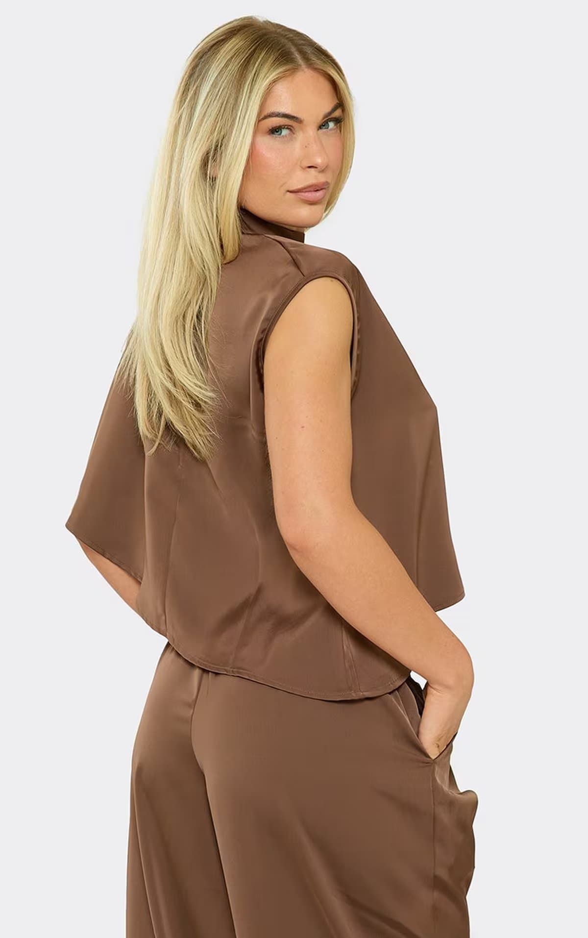 EGO Mid Rise Cuffed Trousers In Chocolate Brown Satin, Women's Size UK 6