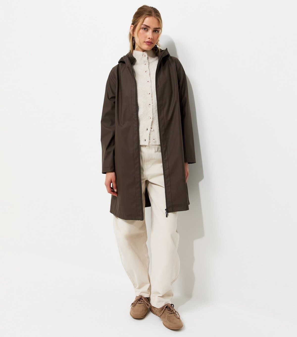 New Look Women's Dark Brown Zip Front Rubberised Rain Anorak New Look