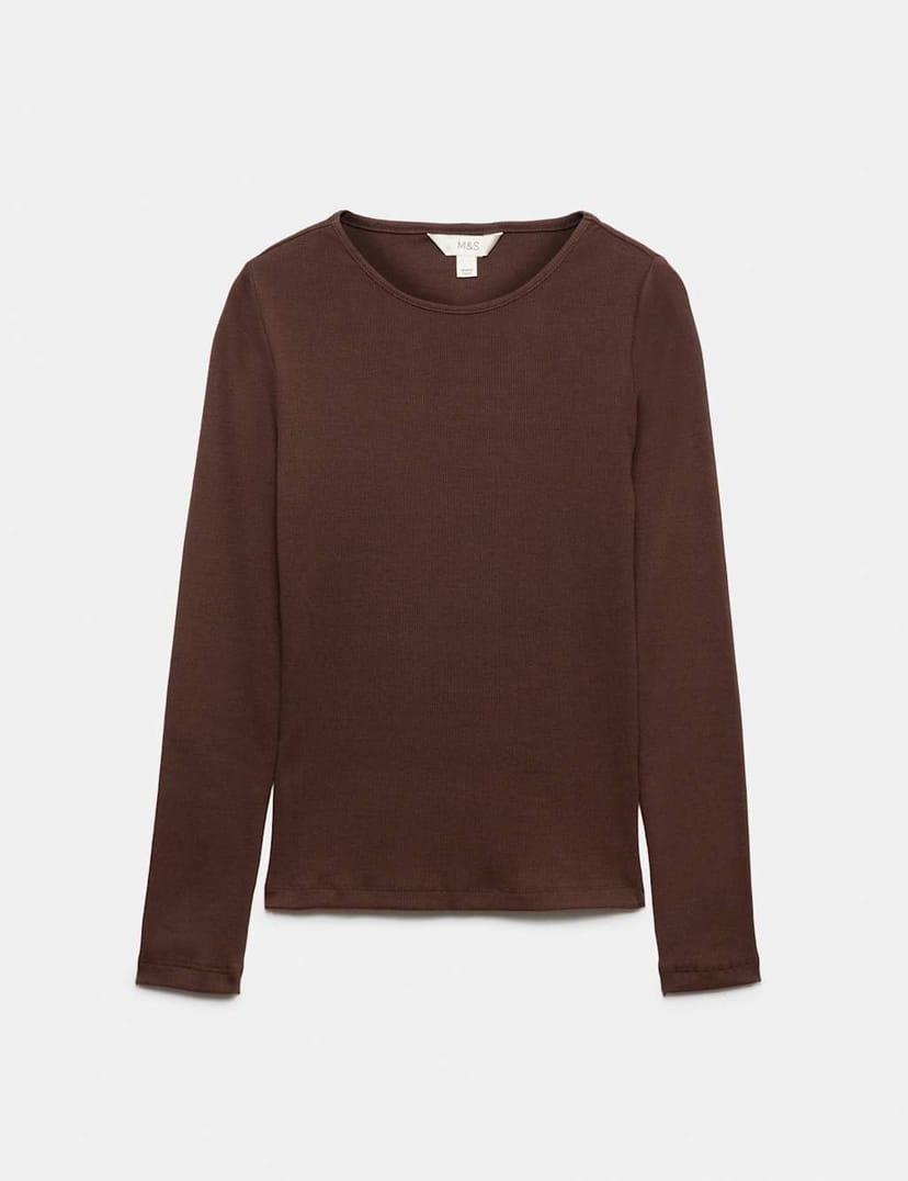Marks & Spencer M&S Cotton Rich Ribbed Regular Fit Top Dark Chocolate - 1