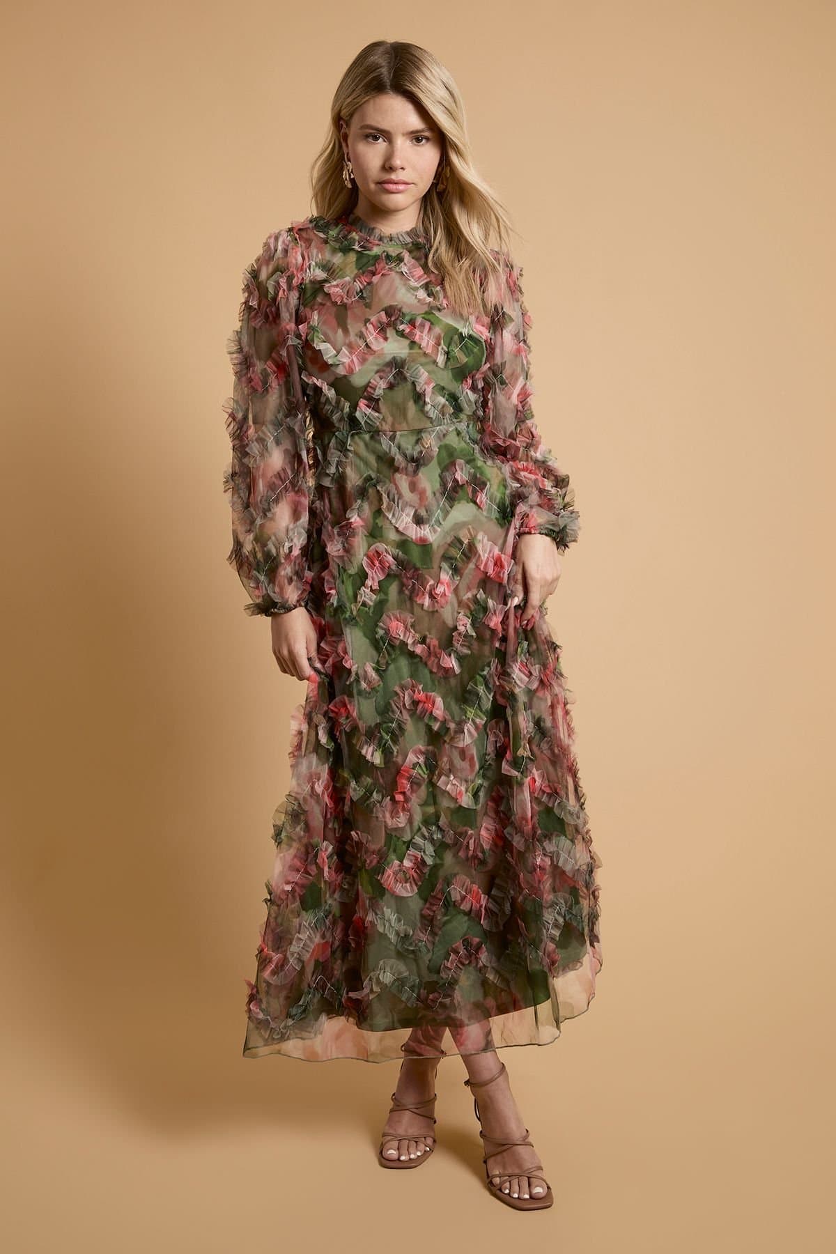 Oasis Oasis Women's Long Sleeve Printed Mesh Midi Dress