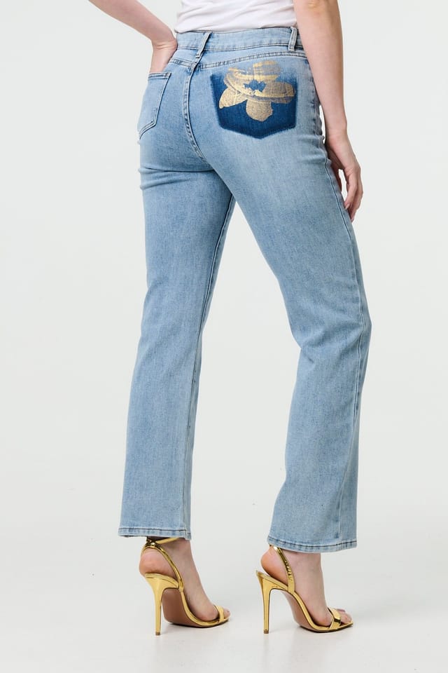 Izabel London Izabel London Women's Floral Pocket Patch Straight Fit Jeans in Blue - 3