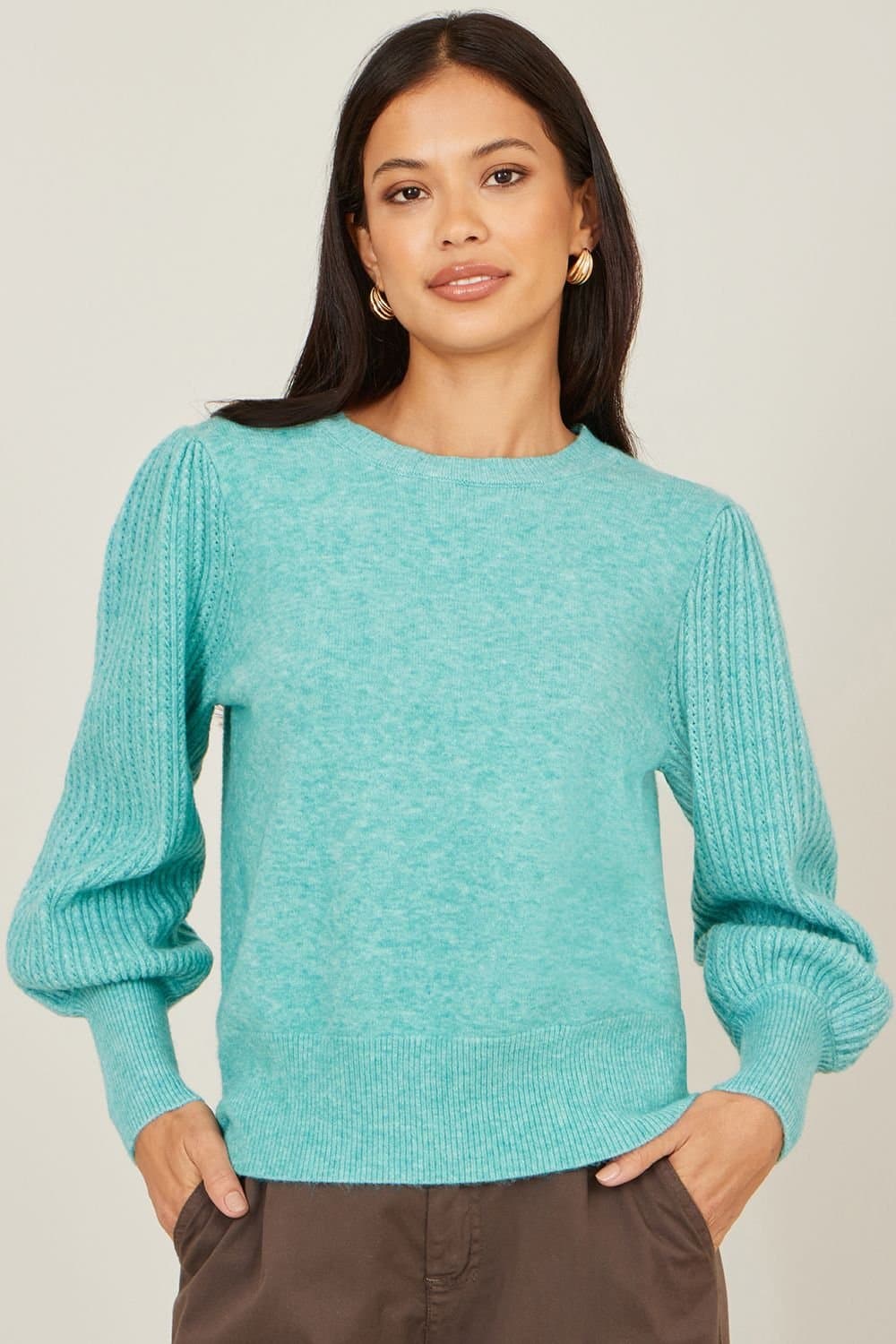 Yumi Yumi Women's Aqua Knitted Balloon Sleeve Sea Green Jumper
