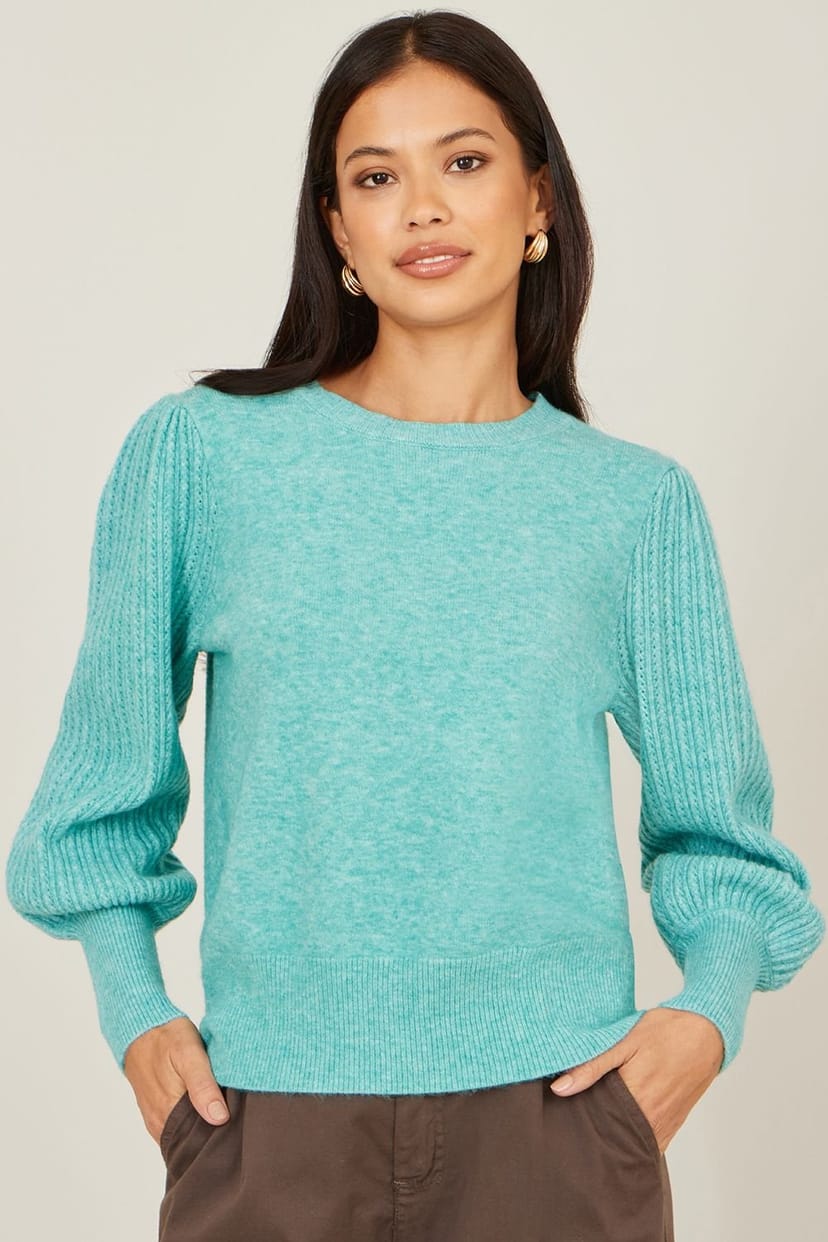 Yumi Yumi Women's Aqua Knitted Balloon Sleeve Sea Green Jumper - 1
