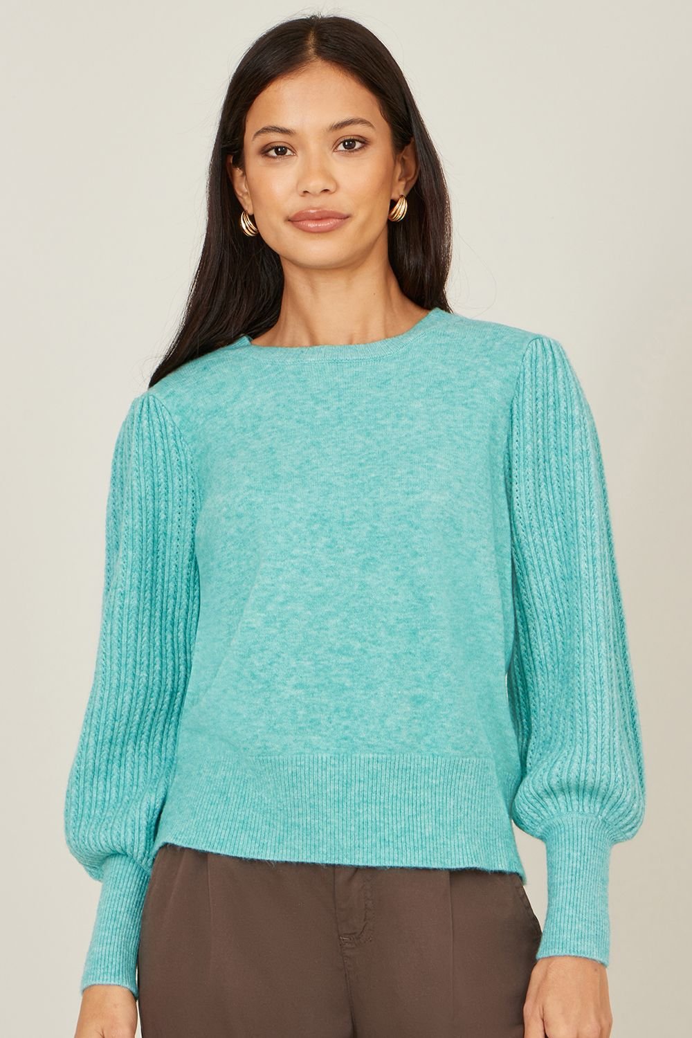 Yumi Yumi Women's Aqua Knitted Balloon Sleeve Sea Green Jumper - 2
