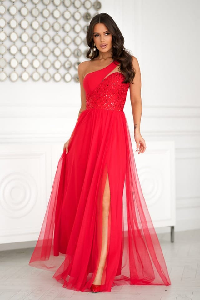 Love Lace Love Lace Women's Sequin Long Dress With Mesh Skirt Slit in Red - 2