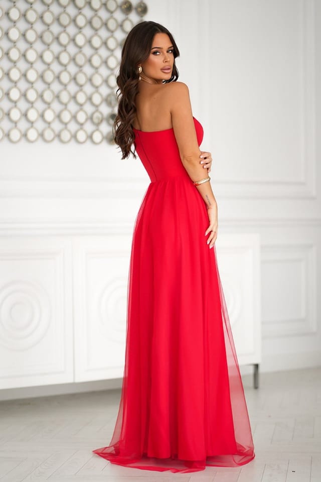 Love Lace Love Lace Women's Sequin Long Dress With Mesh Skirt Slit in Red - 3