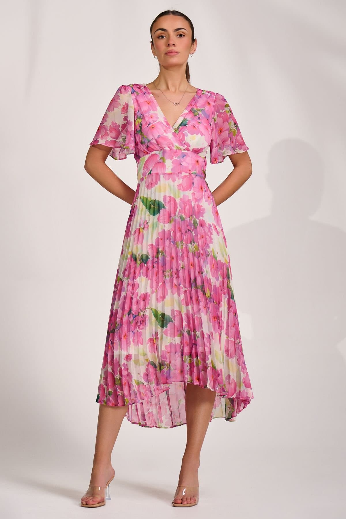 Jolie Moi Jolie Moi Women's Chiffon Pleated Maxi Dress in Bright Pink