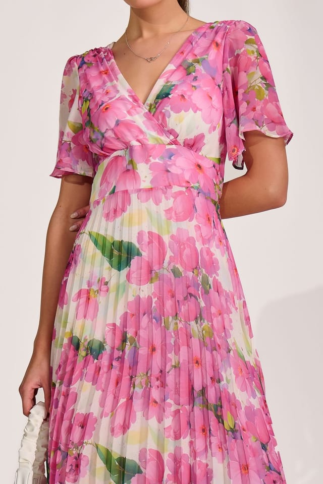 Jolie Moi Jolie Moi Women's Chiffon Pleated Maxi Dress in Bright Pink - 3