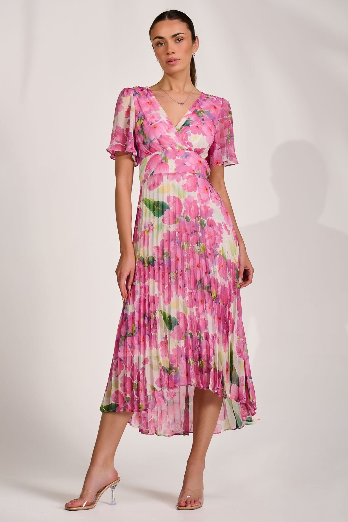 Jolie Moi Jolie Moi Women's Chiffon Pleated Maxi Dress in Bright Pink - 4