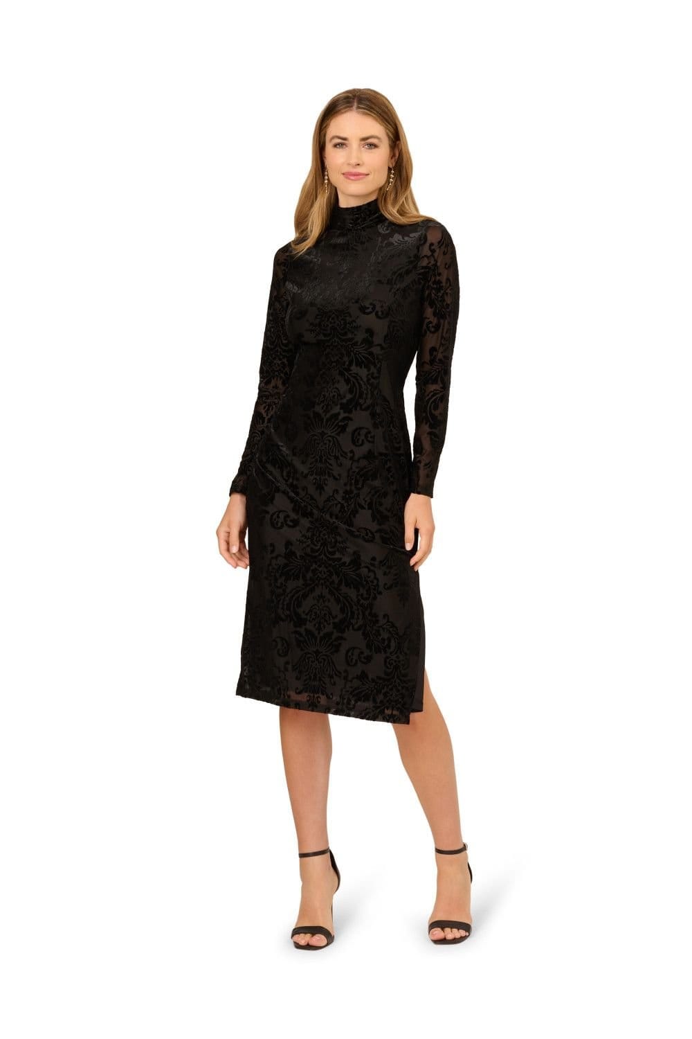 Adrianna Papell Black Burnout Velvet Long-Sleeve Dress