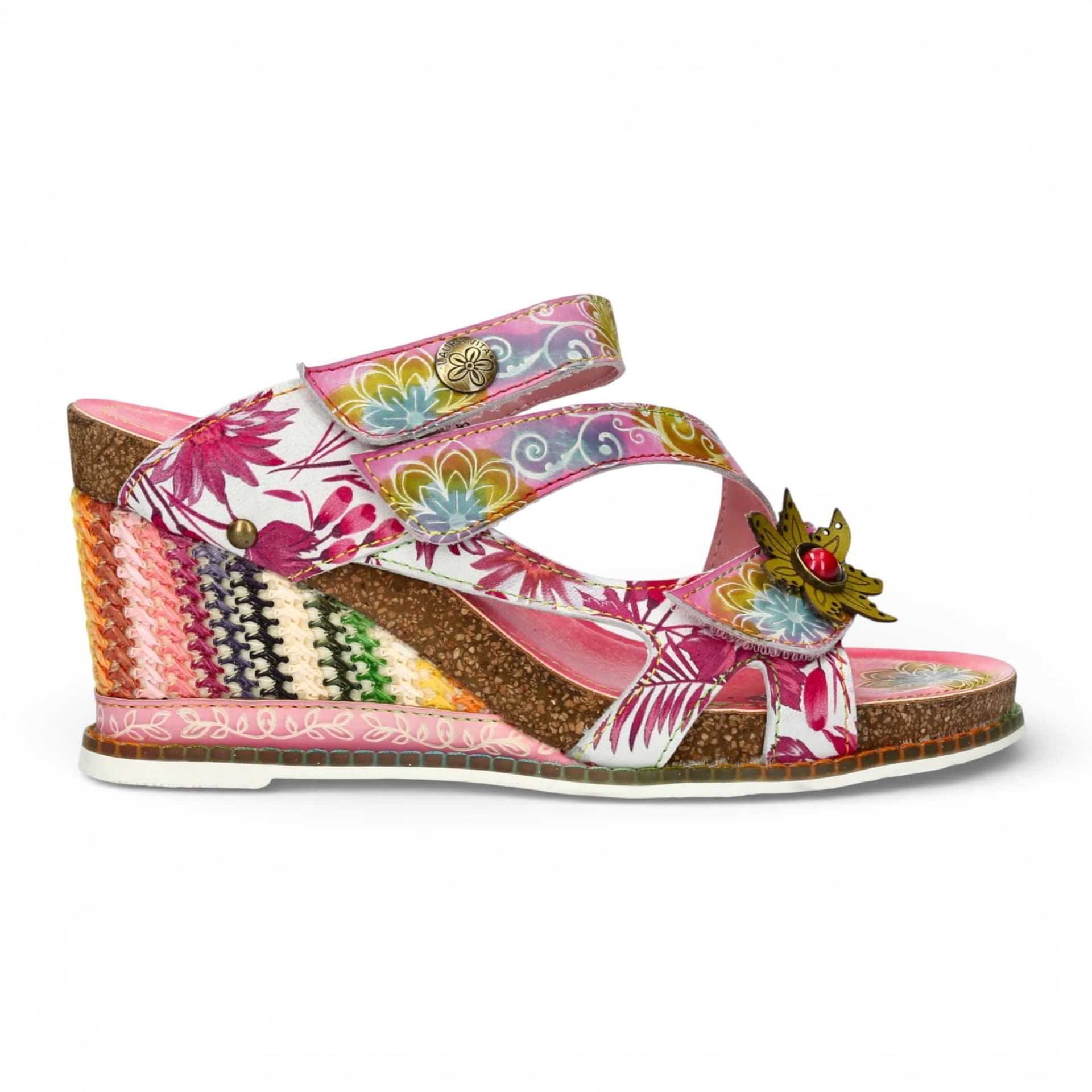 laura vita Laura Vita Women's Floral Leather Wedge Espadrille Sandals - Balade 32 in Pink