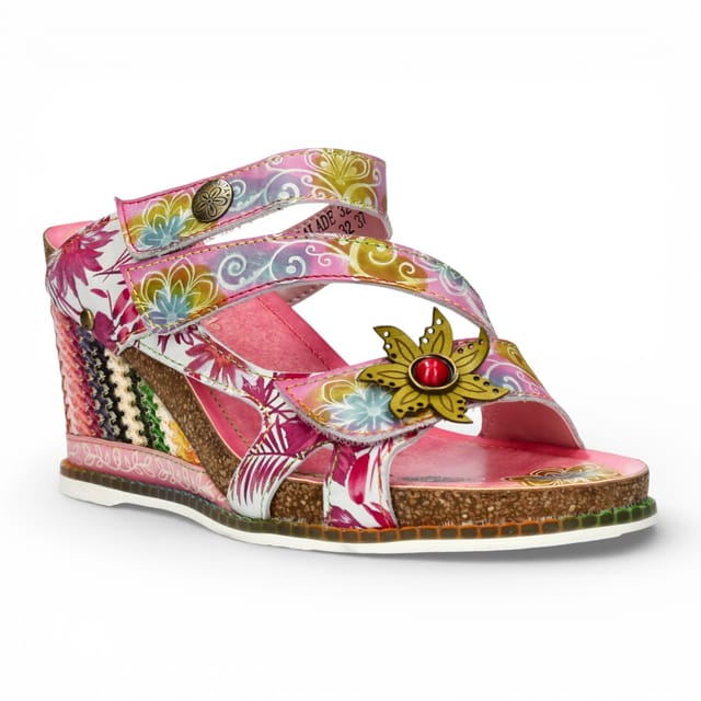 laura vita Laura Vita Women's Floral Leather Wedge Espadrille Sandals - Balade 32 in Pink - 2