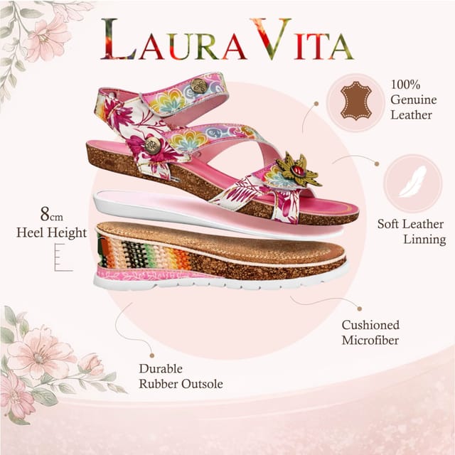 laura vita Laura Vita Women's Floral Leather Wedge Espadrille Sandals - Balade 32 in Pink - 3