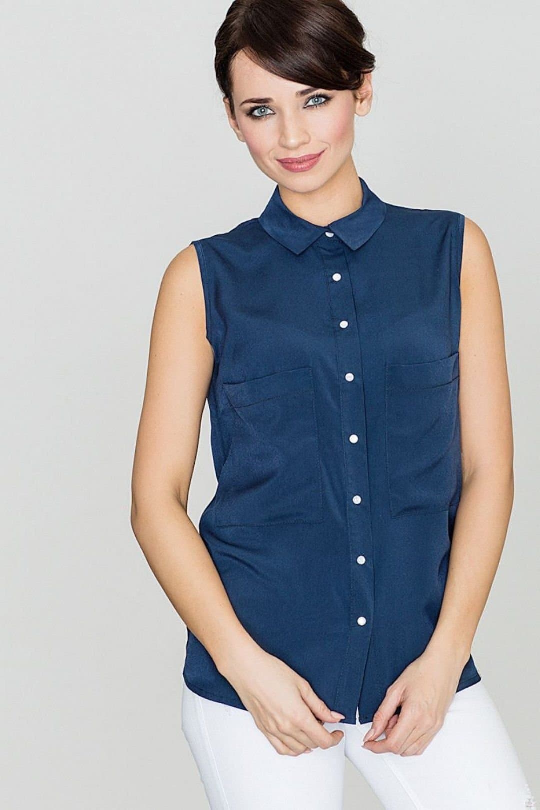 Love Lace Love Lace Women's Delicate Sleeveless Pearl Button Shirt in Blue