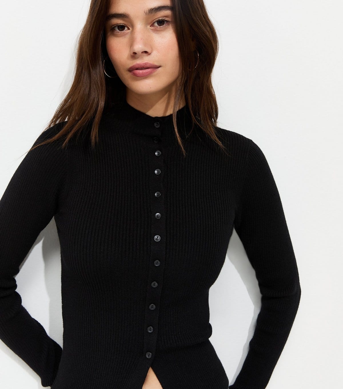 New Look Black Ribbed Knit Button Front Split Hem Top