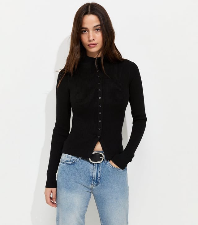 New Look Women's Black Ribbed Knit Button Front Split Hem Top New Look - 2