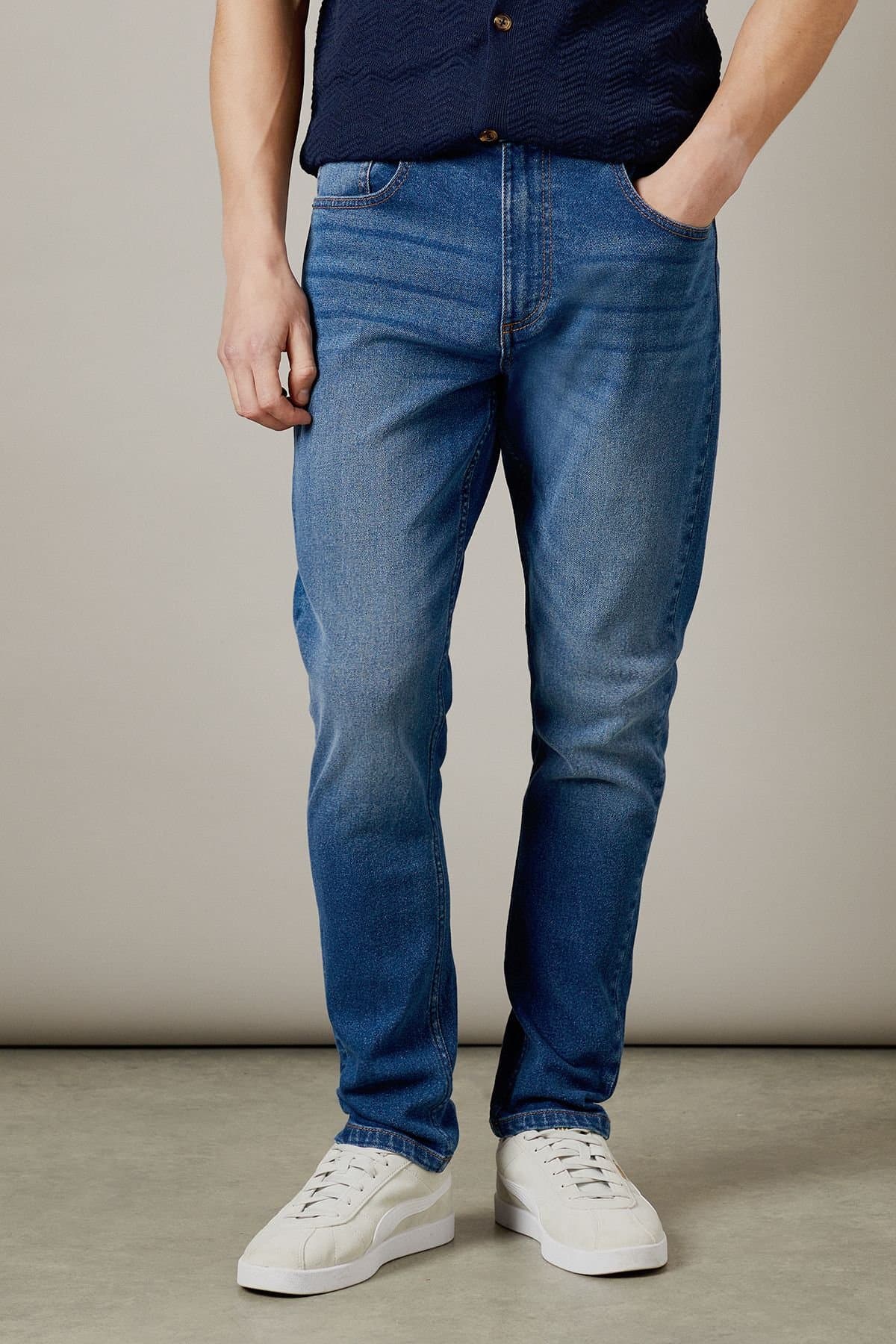 Burton Burton Men's Mid Wash Stretch Slim Fit Jeans in Mid Blue