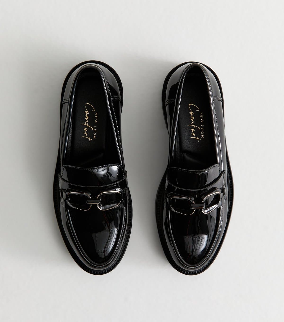 New Look Women's Black Patent Faux Leather Buckle Penny Loafers Vegan New Look