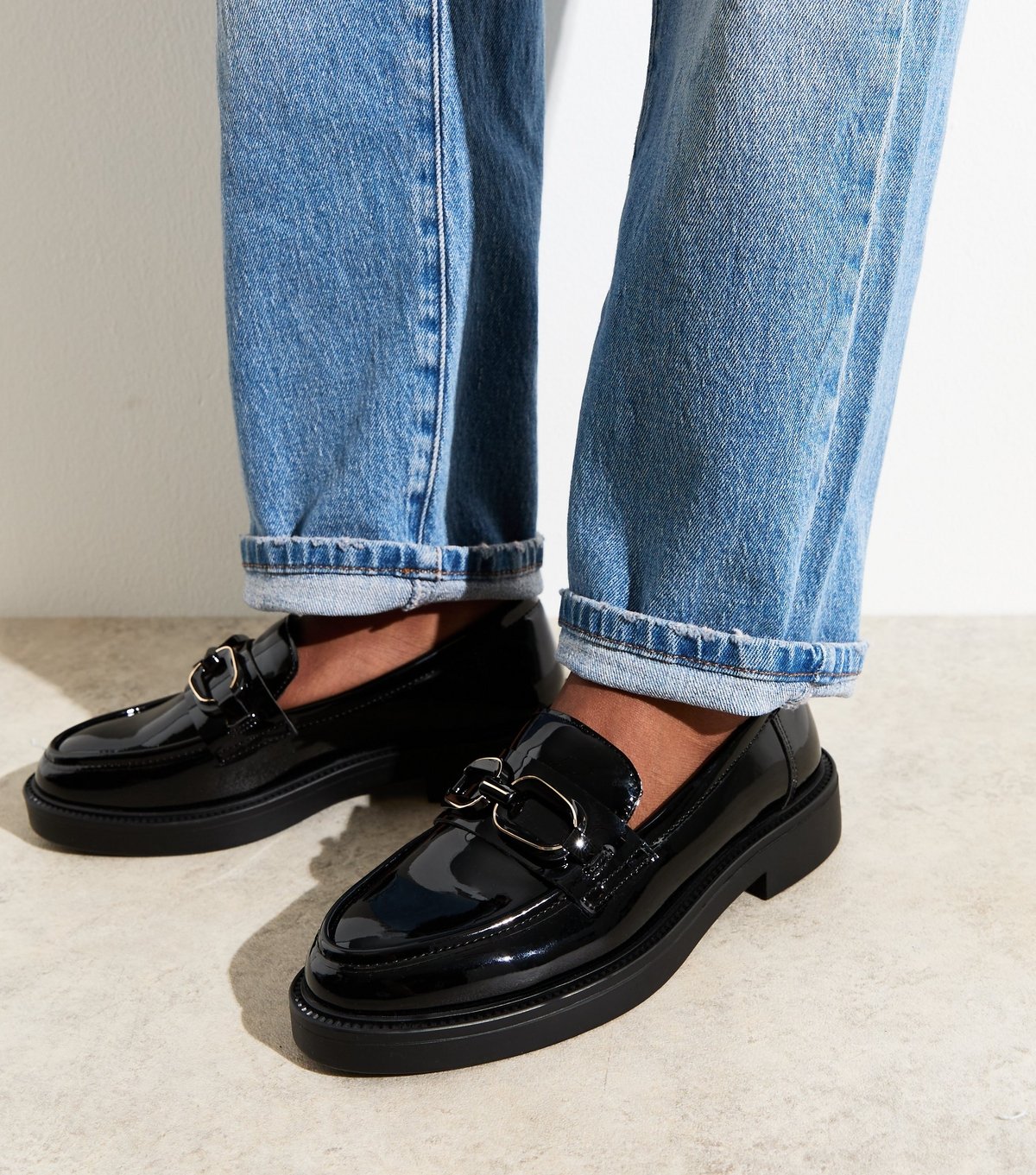 New Look Women's Black Patent Faux Leather Buckle Penny Loafers Vegan New Look - 2