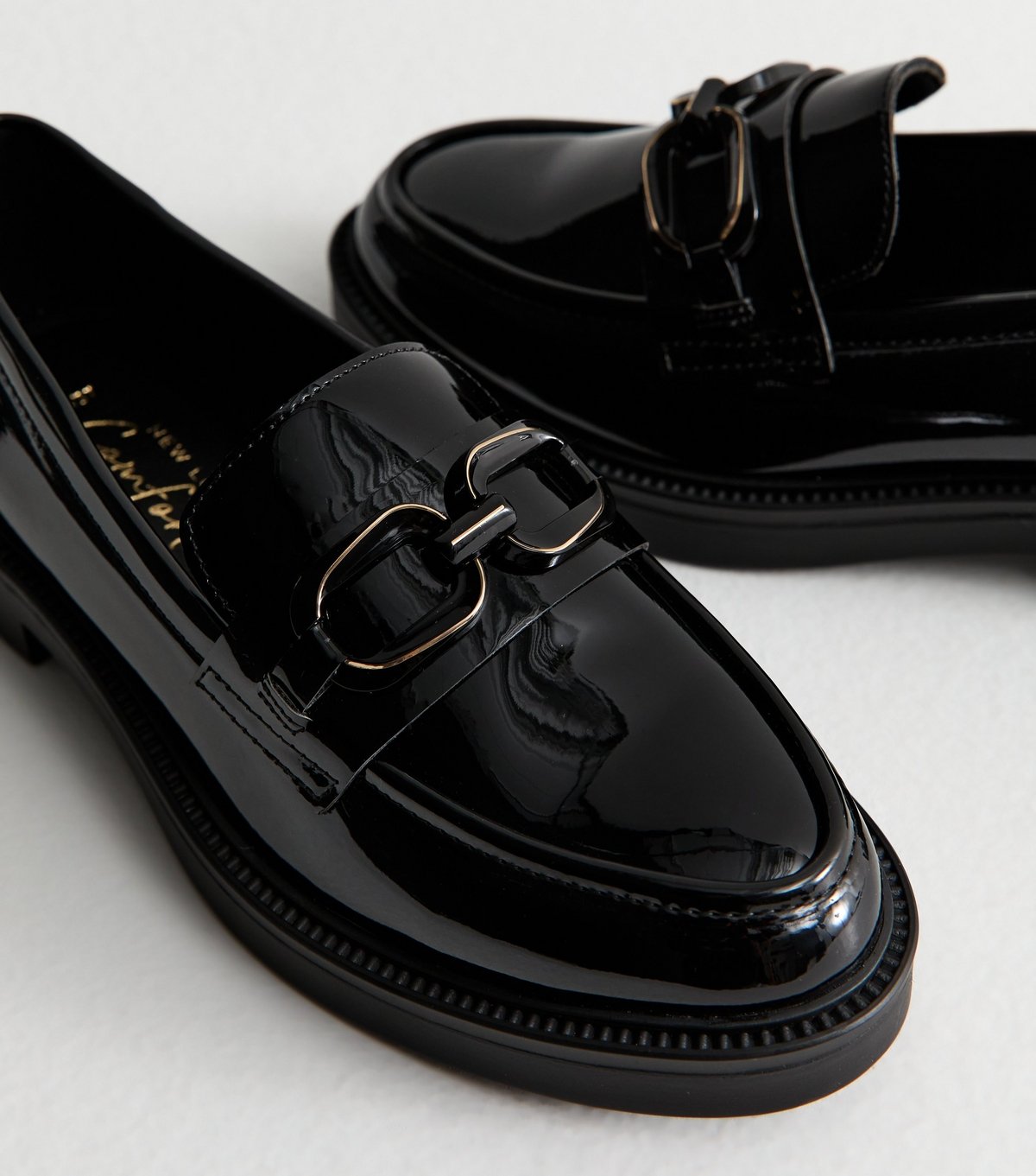 New Look Women's Black Patent Faux Leather Buckle Penny Loafers Vegan New Look - 3