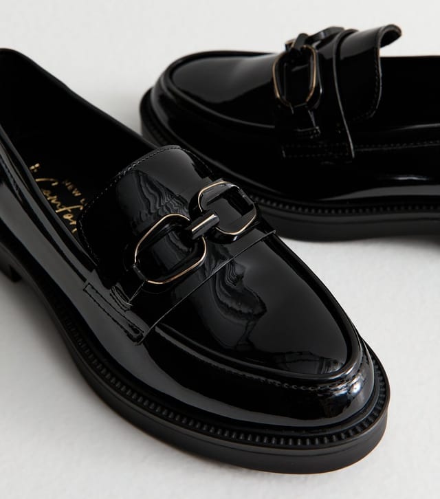 New Look Women's Black Patent Faux Leather Buckle Penny Loafers Vegan New Look - 3