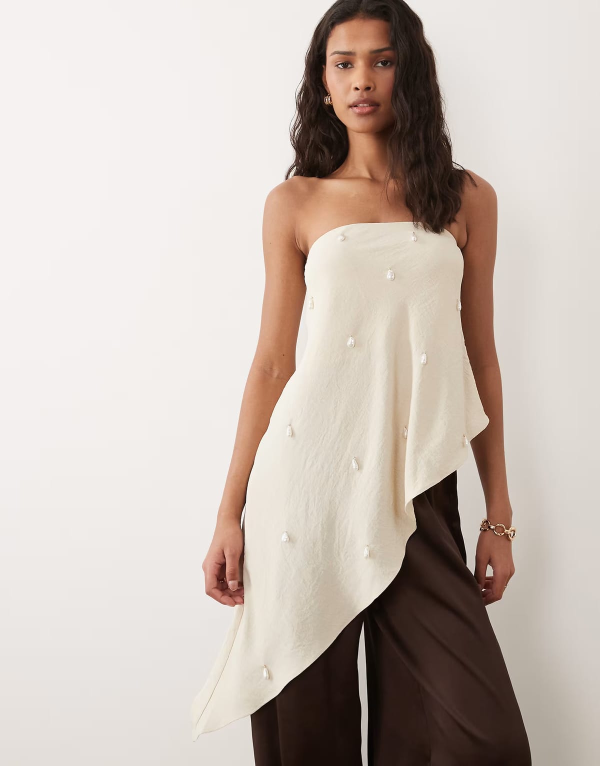 ASOS Six Stories embellished bandeau asymmetric hem top co-ord in stone - 1