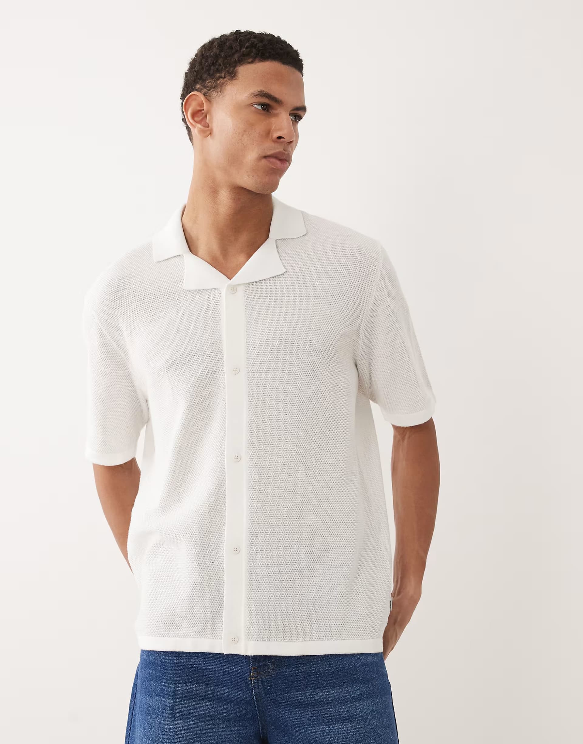 ASOS Jack & Jones knitted button through revere collar shirt in cream