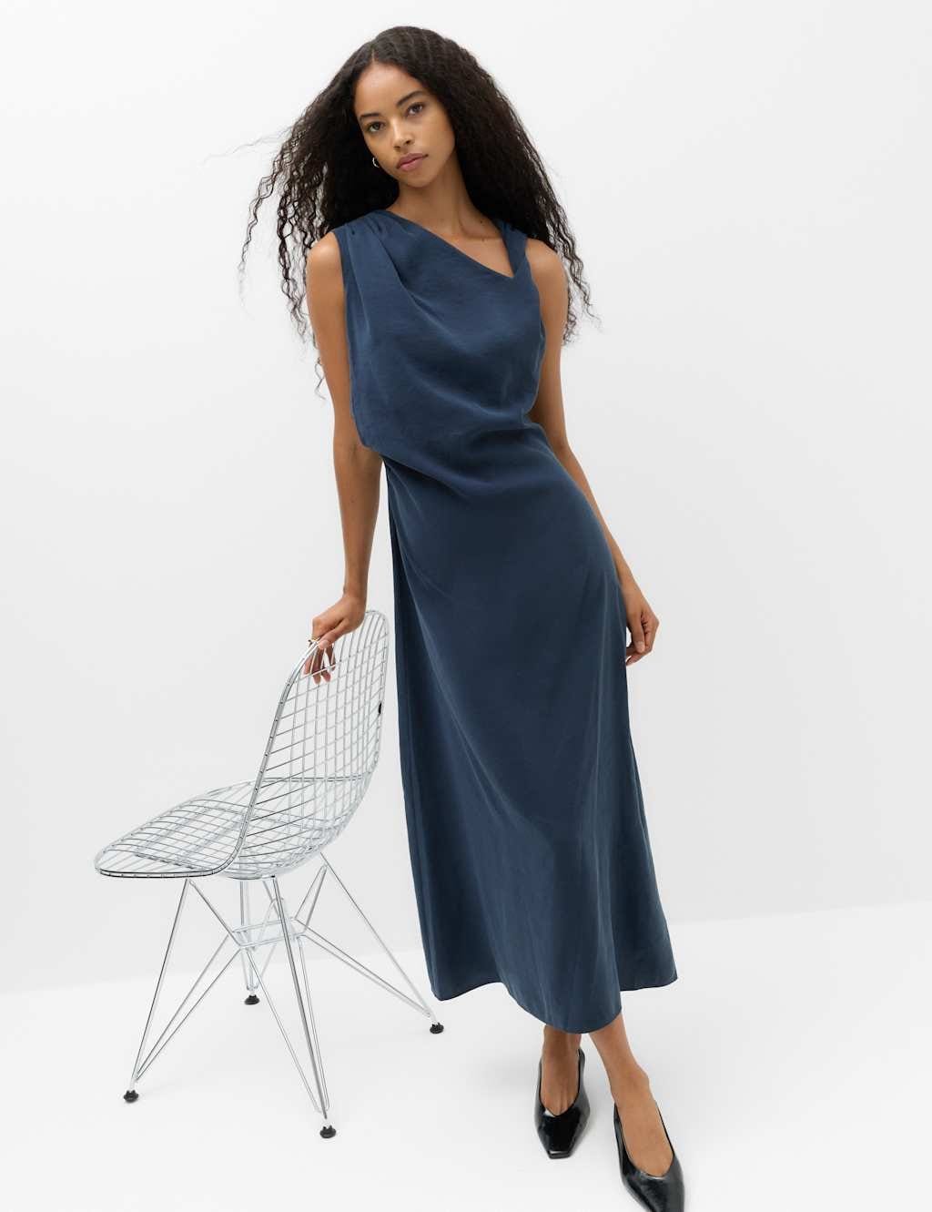 M&S Navy Asymmetric Neck Midi Waisted Dress