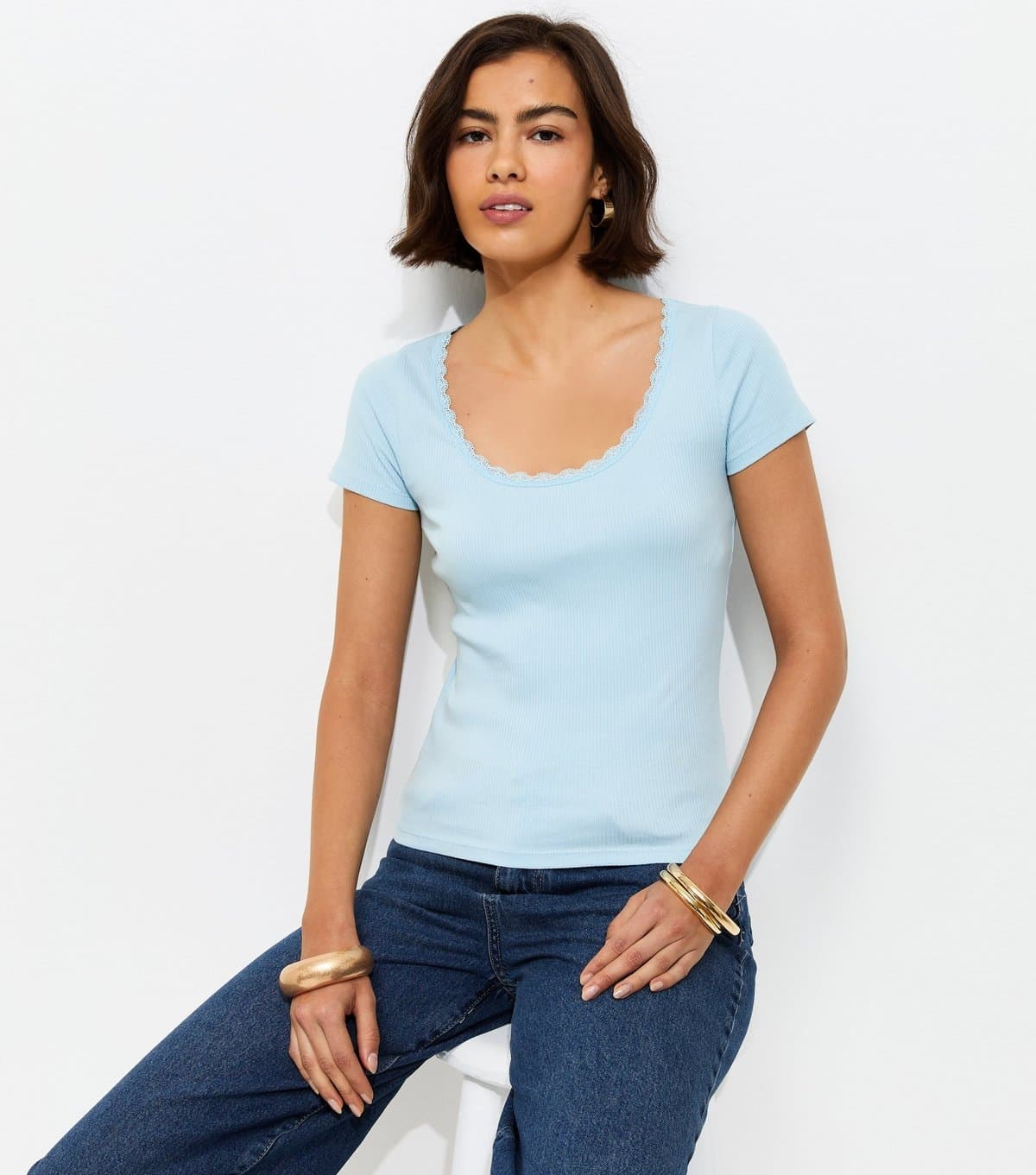 New Look Women's Light Bue Lace Trim Scoop Neck T-Shirt New Look