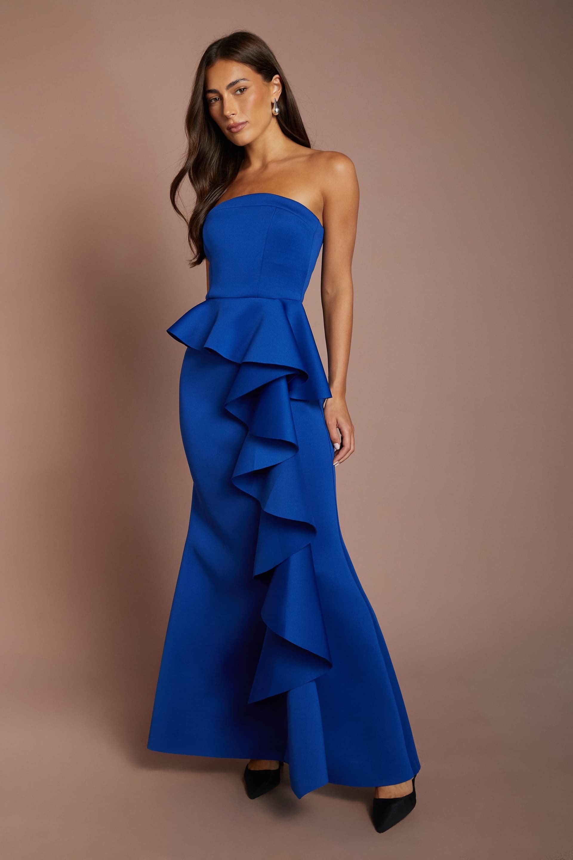 Coast Coast Women's Bandeau Ruffle Stretch Crepe Maxi Dress in Cobalt
