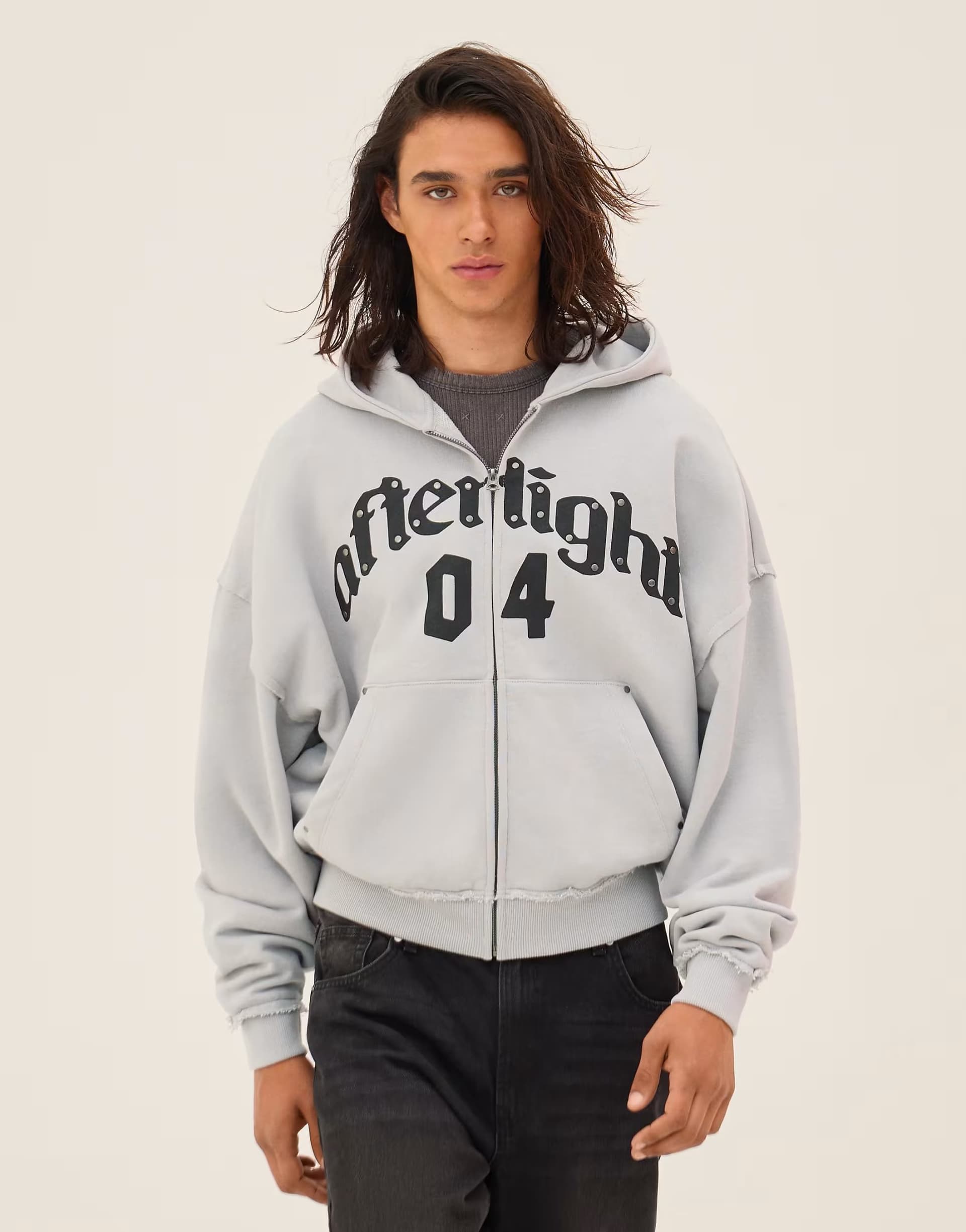 ASOS Bershka Boxy zip-up print sweatshirt in light grey