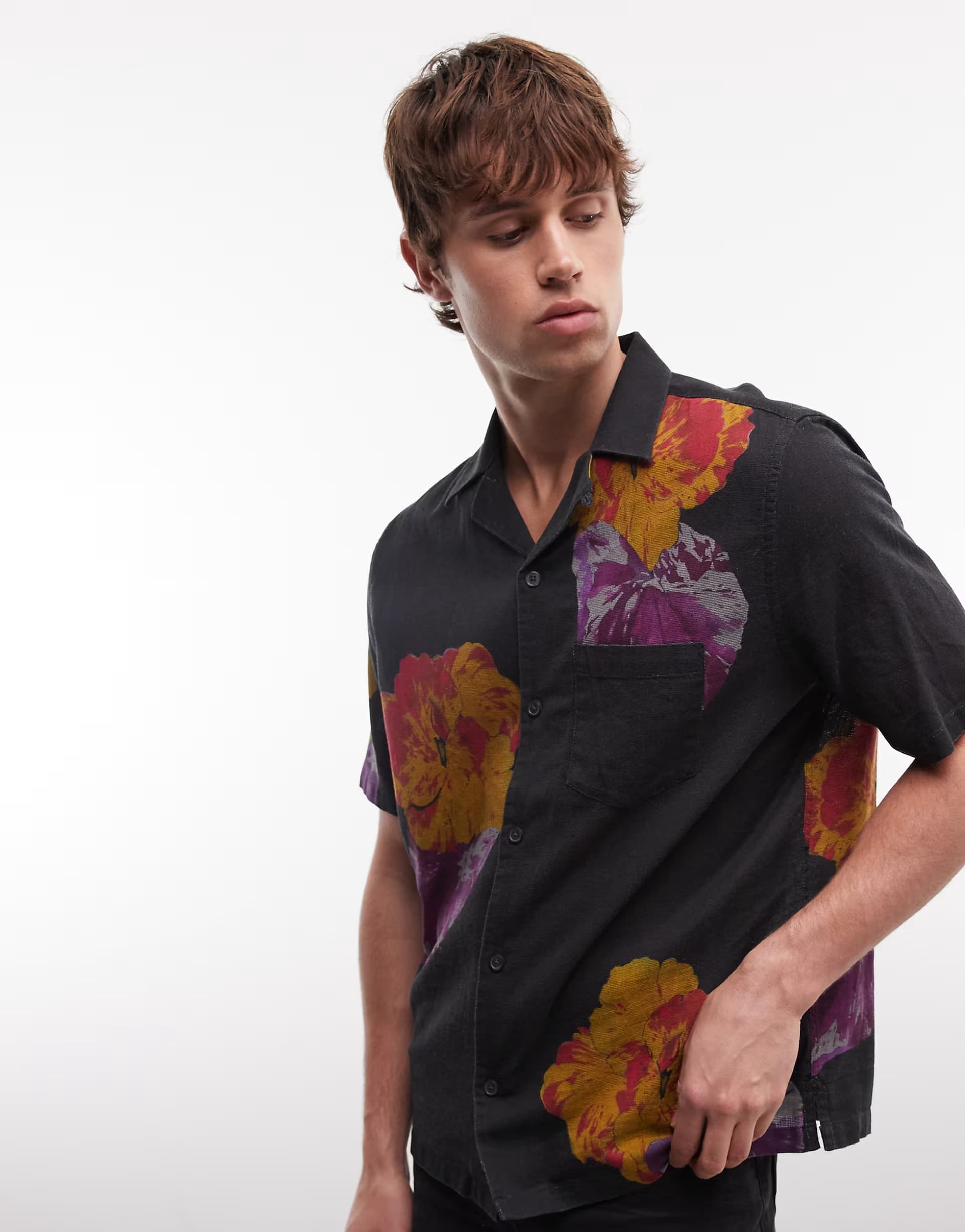 ASOS AllSaints Nouvelle short sleeve linen blend floral shirt in black
