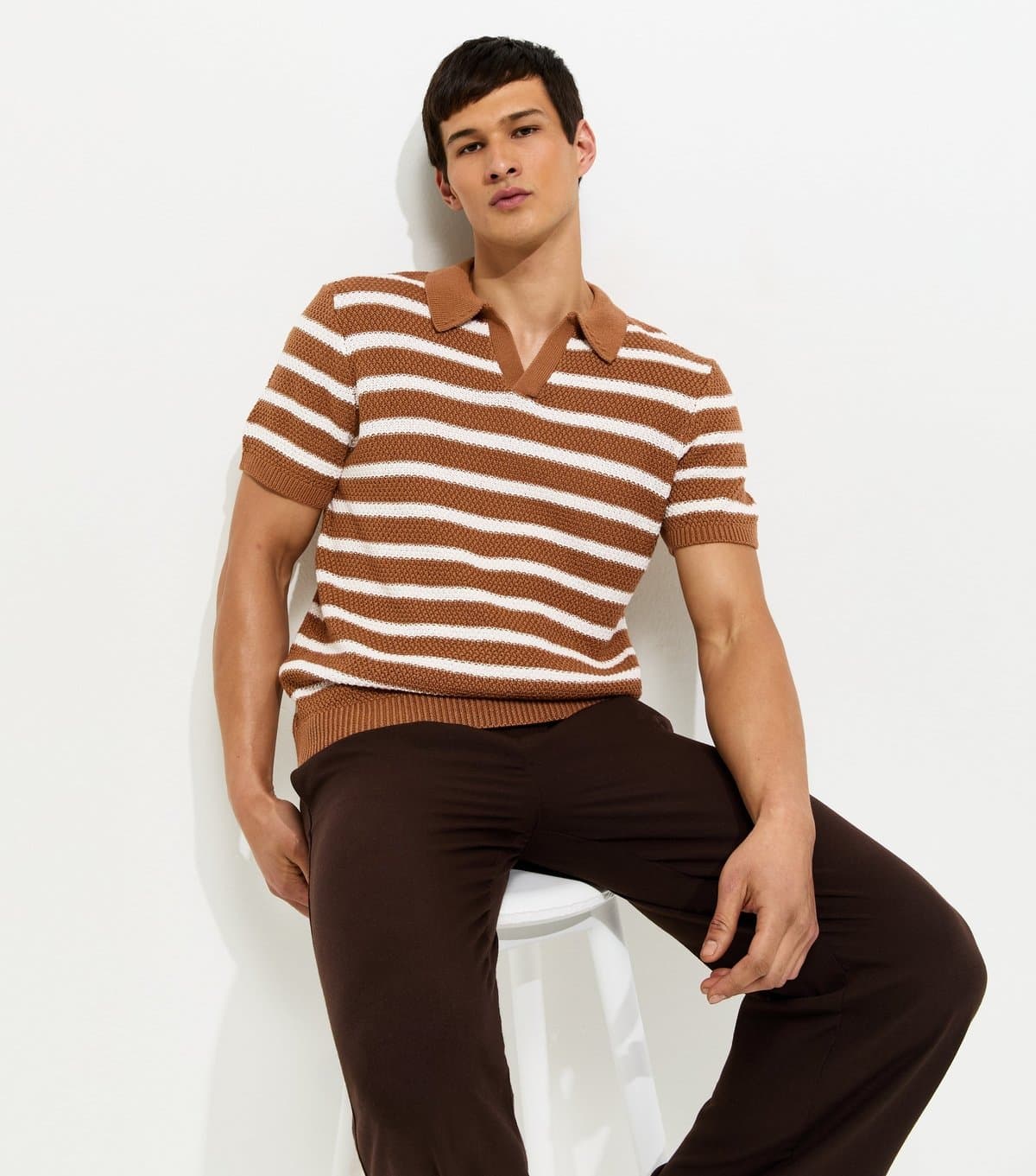 New Look Men's Brown Stripe Tuck Stitch Regular Polo Top New Look
