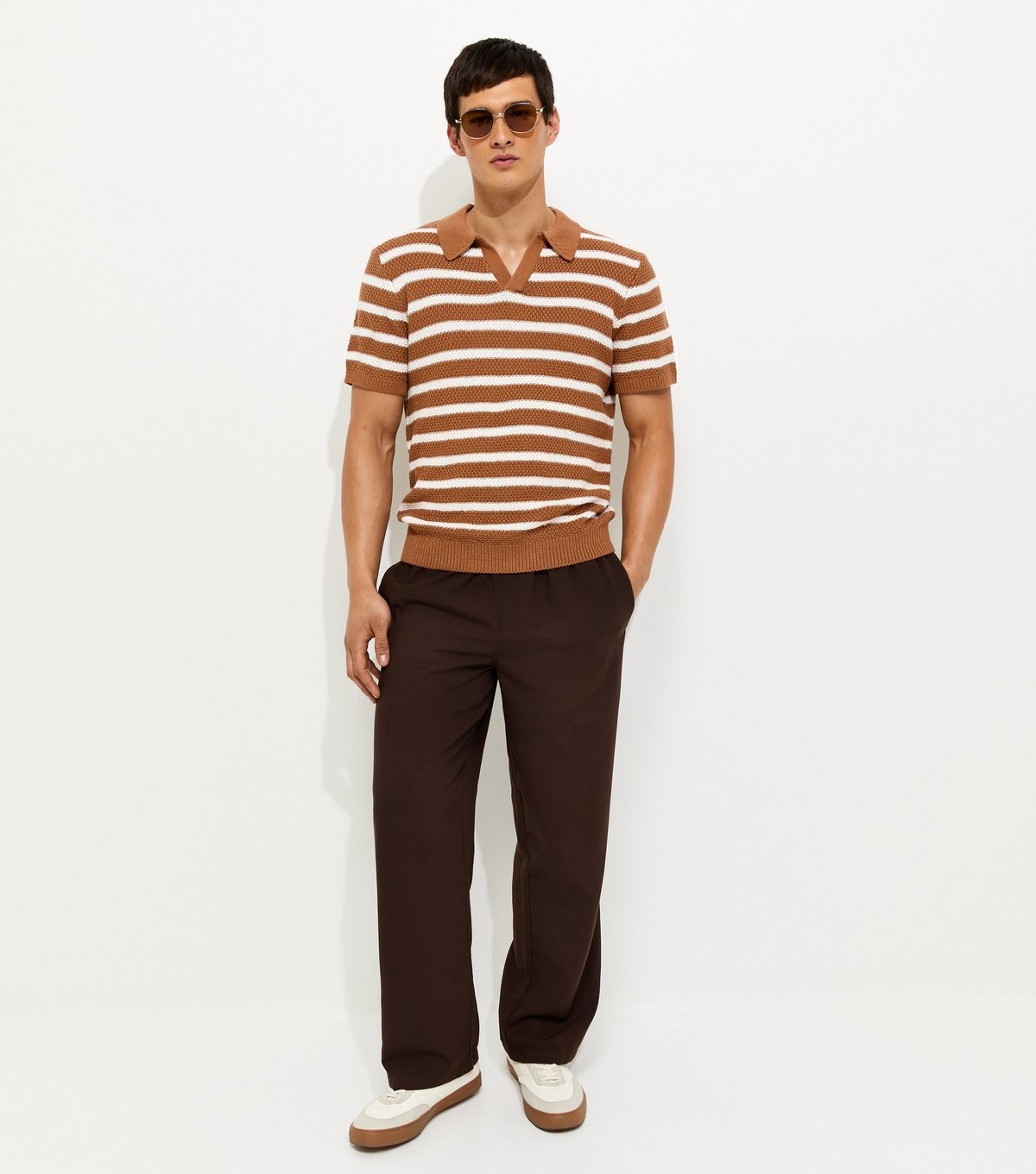 New Look Men's Brown Stripe Tuck Stitch Regular Polo Top New Look - 3
