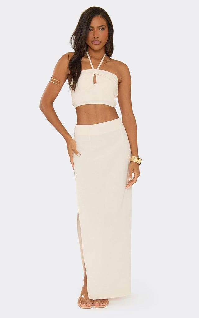 EGO Mid Rise Split Leg Maxi Skirt In Stone Linen Look, Women's Size UK 6 - 2