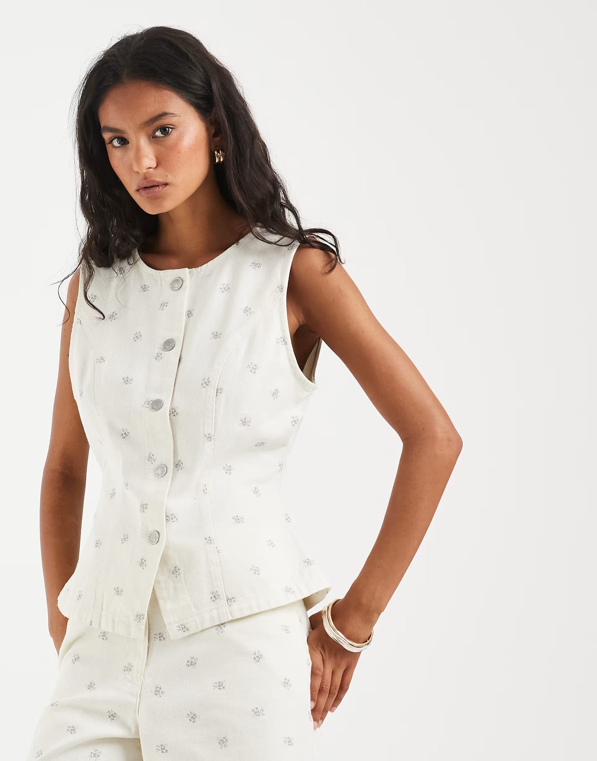 ONLY denim waistcoat with flower print co-ord in white