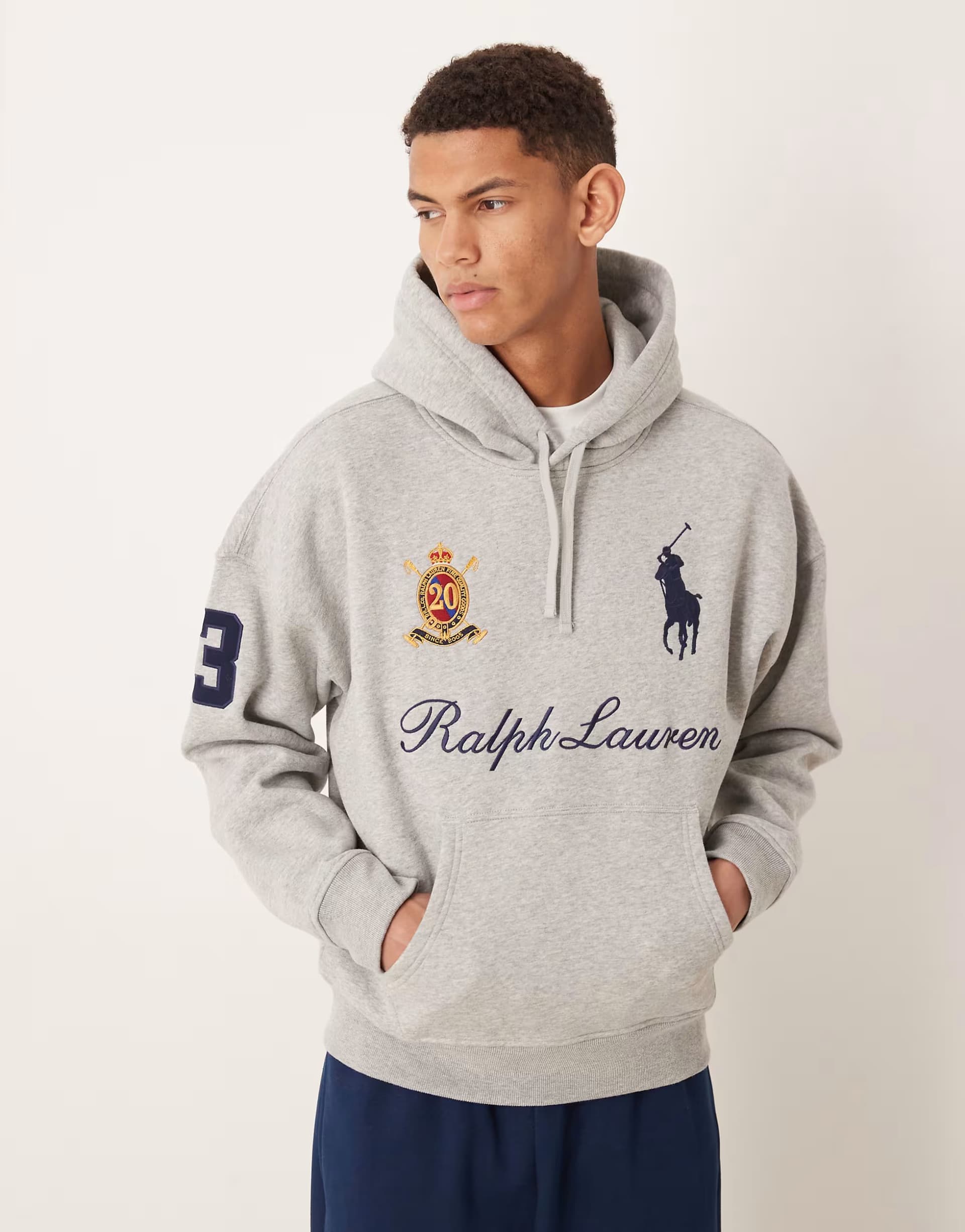ASOS Polo Ralph Lauren large player script logo heavyweight fleece hoodie in grey marl